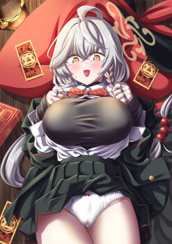 Rule 34 | 1girl, ahoge, blue archive, blush, bow, bow panties, bowtie, braid, breasts, cameltoe, card, clenched hands, clothes lift, collared shirt, cowboy shot, crossed bangs, embarrassed, eri (blue archive), green jacket, green skirt, grey hair, hair between eyes, hair bobbles, hair ornament, halo, hands on own chest, hands up, jacket, jacket partially removed, jewelry, kawajuu, lamp, large breasts, large hat, layered clothes, long hair, long sleeves, looking at viewer, lying, multicolored hair, multiple rings, on back, open clothes, open mouth, open shirt, orange eyes, panties, pleated skirt, red bow, red bowtie, red streaks, ring, shirt, side braid, single braid, skirt, skirt lift, sleeves past wrists, solo, streaked hair, striped bow, striped bowtie, striped clothes, tearing up, thigh gap, underwear, white panties, white shirt, wooden floor, yellow halo