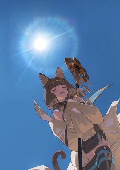 Rule 34 | 1girl, absurdres, animal ears, arknights, black thighhighs, brown hair, brown jacket, cat ears, cat girl, cat tail, chinese commentary, closed eyes, commentary request, cowboy shot, dark-skinned female, dark skin, e-razor, from below, head chain, highres, holding, holding staff, hot, jacket, jewelry, lens flare, long hair, long sleeves, open mouth, outdoors, oversized jacket, sky, solo, staff, standing, sun, tail, thighhighs, titi (arknights)