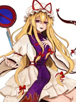 Rule 34 | 1girl, 83mkneinlsqmebq, absurdres, blonde hair, bow, commentary request, dress, frilled dress, frills, gap (touhou), hair bow, hat, hat ribbon, highres, long hair, long sleeves, looking at viewer, mob cap, open mouth, purple eyes, purple tabard, ribbon, road sign, sign, simple background, smile, solo, tabard, touhou, very long hair, white background, wide sleeves, yakumo yukari