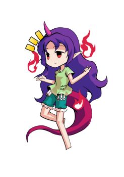 Rule 34 | 1girl, barefoot, breasts, chibi, chibi only, commentary request, dairi, full body, green shirt, green shorts, horns, large variant set, long hair, pink horns, purple hair, red eyes, red tail, shirt, shorts, simple background, single horn, solo, tachi-e, tenkajin chiyari, test tube, touhou, transparent background, variant set, very long hair