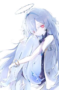 1girl absurdres barefoot closed_mouth colored_eyelashes commentary earrings from_side hair_intakes hair_ornament halo highres id_card jacket jewelry knees_up looking_at_viewer looking_to_the_side mornye_(wuthering_waves) obyake red_eyes revision see-through_body simple_background solo triangle_earrings white_background white_jacket wuthering_waves