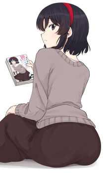 1girl ass black_eyes black_hair brown_cardigan brown_skirt cardigan commentary_request from_behind hairband highres holding holding_manga kujou_meika looking_at_viewer looking_back manga_(object) meika-san_wa_oshikorosenai parted_lips red_hairband saitou_shouki short_hair sitting skirt solo white_background