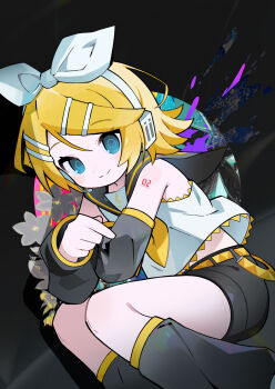 1girl absurdres armpit_crease bare_shoulders belt black_leg_warmers black_sailor_collar black_shorts black_sleeves blonde_hair blue_eyes blush_stickers closed_mouth commentary detached_sleeves dot_nose english_commentary feet_out_of_frame hair_ornament hair_ribbon hairclip headset highres kagamine_rin leg_warmers long_sleeves looking_at_viewer lying morizo_(morizoshop) neckerchief number_tattoo on_side parallel_hairclips ribbon sailor_collar shirt short_hair short_shorts shorts shoulder_tattoo sleeveless sleeveless_shirt smile solo tattoo vocaloid white_ribbon white_shirt yellow_belt yellow_neckerchief