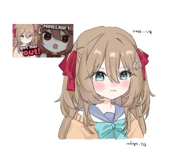 1girl angry aqua_bow aqua_bowtie aqua_eyes blue_sailor_collar blush bow bowtie brown_hair cardigan closed_mouth commentary_request cropped_shoulders derivative_work english_text evil_neuro-sama hair_between_eyes hair_ornament hair_ribbon half-closed_eyes heart heart_hair_ornament highres long_hair mfuyu_123 minecraft neuro-sama neuro-sama_(1st_costume) off-shoulder_cardigan pout red_ribbon reference_inset ribbon sailor_collar screenshot_redraw simple_background twitter_username two_side_up v-shaped_eyebrows vedal_ai virtual_youtuber white_background yellow_cardigan