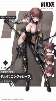 1girl animated arm_tattoo audible_speech black_boots black_gloves boots bouncing_breasts braid breasts brown_eyes brown_hair character_name clothing_cutout curvy delta_(nikke) delta_(ninja_thief)_(nikke) elbow_gloves gloves goddess_of_victory:_nikke gun hair_between_eyes high_heel_boots high_heels highres hip_vent holding holding_gun holding_weapon impossible_clothes japanese_audio large_breasts light_machine_gun logo looking_at_viewer m249_saw machine_gun official_alternate_costume official_art revealing_clothes ryona sheath sheathed shiny_skin short_hair sound sword tagme talking tattoo torn_clothes video weapon wide_hips zoom_layer