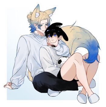 2boys :t animal_ear_fluff animal_ears black_hair black_pants black_shorts blonde_hair blue_eyes blue_hair blue_lock cheek_pinching closed_mouth commentary crossed_ankles eye_contact fox_boy fox_ears fox_tail gradient_hair grey_sweater hair_bun hand_on_another&#039;s_face highres indian_style isagi_yoichi long_sleeves looking_at_another male_focus michael_kaiser multicolored_hair multiple_boys pants pinching rabbit_boy rabbit_ears right_ttttt shorts simple_background sitting sleeves_past_wrists slippers sweater tail white_background white_slippers yaoi