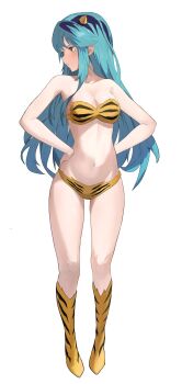 1girl :t animal_print aqua_hair bikini blue_eyes blush boots breasts collarbone commentary commentary_request cone_horns full_body green_hair hands_on_own_hips highres horns knee_boots long_hair looking_to_the_side lum medium_breasts navel oni pointy_ears print_bikini print_boots sidelocks simple_background snowmensnowmen solo standing strapless strapless_bikini swimsuit tiger_print urusei_yatsura white_background