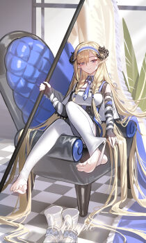 1girl absurdly_long_hair absurdres arknights armchair barefoot black_gloves blonde_hair blue_eyes blue_hairband blue_necktie boots braid breasts chair checkered_floor closed_mouth commentary_request curtains dorsiflexion dragon_girl dragon_horns feet fingerless_gloves flag full_body gloves hair_between_eyes hair_spread_out hairband highres holding horns indoors knee_up long_hair looking_at_viewer necktie no_shoes on_chair pantyhose partially_fingerless_gloves pointy_ears saileach_(arknights) shale shoes sitting smile soles solo spread_toes stirrup_legwear tile_floor tiles toeless_legwear toenails toes twin_braids unworn_boots unworn_shoes very_long_hair white_pantyhose