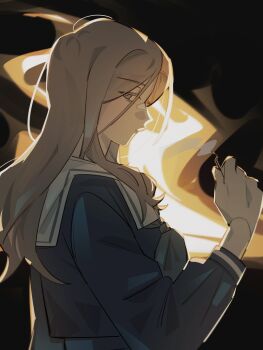 1girl absurdres bang_dream! bang_dream!_it&#039;s_mygo!!!!! black_background blue_shirt brown_hair closed_mouth commentary fire hand_up highres holding_matchstick long_hair looking_at_viewer michiiyuri nagasaki_soyo sailor_collar school_uniform shirt solo tsukinomori_school_uniform upper_body white_sailor_collar