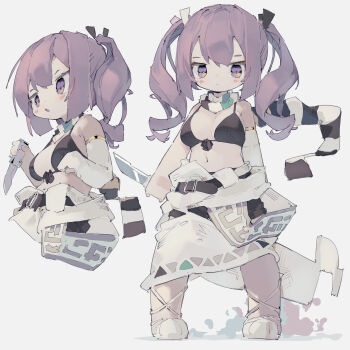 1girl absurdres ankle_lace-up bikini black_bikini black_ribbon blush breasts cleavage closed_mouth commentary dated_commentary double-parted_bangs elbow_gloves full_body gloves hair_ribbon highres holding holding_knife knife long_hair medium_breasts multiple_views navel nep_(nep_76) open_mouth original purple_eyes purple_hair ribbon shoes simple_background single_glove skirt standing swimsuit twintails white_background white_ribbon white_shoes white_skirt