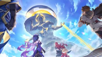 1other 2boys 2girls absurdres adjusting_eyewear arm_belt aurora backless_dress backless_outfit bad_link belt black_boots black_gloves black_jacket black_pants black_scarf black_swan_(honkai:_star_rail) blue_shirt blue_sky book boots breasts brown_belt brown_hair brown_shirt cloud cloudy_sky cracked_skin dress elbow_gloves extra_arms fisheye game_cg gloves hair_ornament highres himeko_(honkai:_star_rail) holding holding_book honkai:_star_rail honkai_(series) jacket jewelry kephale_(honkai:_star_rail) large_breasts lens_flare long_hair looking_up low_twintails mountain multiple_boys multiple_girls multiple_rings official_art pants purple_dress purple_gloves purple_hair red_hair ring scarf shirt short_hair sky statue sunday_(honkai:_star_rail) thigh_boots twintails veil very_long_hair welt_yang white_dress