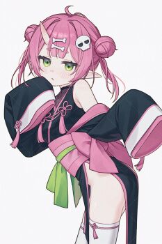 Rule 34 | 1girl, absurdres, armpit crease, black kimono, bone hair ornament, breasts, commentary, commission, cowboy shot, double-parted bangs, double bun, english commentary, from side, green eyes, hair bun, hair ornament, highres, horns, japanese clothes, kimono, long sleeves, looking at viewer, medium hair, namin (namin star), oni, original, parted lips, pink hair, pink sash, pointy ears, sash, simple background, single horn, skin-covered horns, skull hair ornament, sleeves past fingers, sleeves past wrists, small breasts, solo, thighhighs, watermark, white background, white thighhighs, wide sleeves