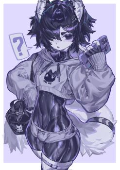 1boy ? absurdres animal_ear_piercing animal_ears black_bodysuit black_hair bodysuit bulge cellphone colored_skin covered_navel cowboy_shot cropped_hoodie fingerless_gloves gloves hair_ornament hairclip highres holding holding_phone hood hoodie latex latex_bodysuit magic_dream00 male_focus messy_hair open_mouth original phone print_hoodie short_hair smartphone solo spoken_question_mark tail trap white_skin wide-eyed