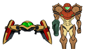 Rule 34 | 1girl, arm cannon, armor, assault visor, commentary request, green visor, metroid, multicolored armor, nintendo, power armor, power suit (metroid), samus's gunship, samus aran, simple background, spacecraft, varia suit, wakaba (wata ridley), weapon, white background