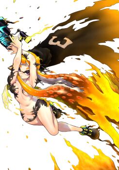 1girl agent_3_(splatoon) arms_up behind-the-head_headphones black_shoes bodypaint breasts cape closed_mouth floating_cape full_body gun headphones highres holding holding_gun holding_water_gun holding_weapon inkling inkling_girl inkling_player_character jumping koharu2.5 light_frown long_hair looking_to_the_side melting naked_paint navel nintendo nude orange_hair paint_on_body paint_splatter purple_eyes shoes simple_background solo splatoon_(series) splatoon_2 splatoon_3 tentacle_hair water_gun weapon white_background