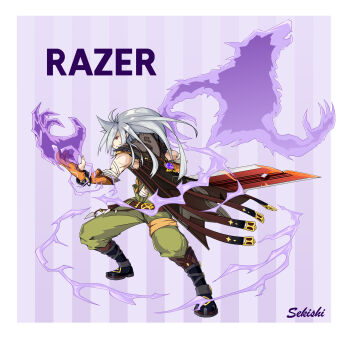 1boy absurdres artist_name black_boots boots border brown_coat clenched_teeth coat commentary_request energy full_body genshin_impact gloves green_pants grey_hair hair_over_one_eye highres long_hair male_focus one_eye_covered orange_gloves pants parted_bangs purple_background razor_(genshin_impact) red_eyes scar scar_on_arm scar_on_face sekishi sleeveless sleeveless_coat solo teeth vision_(genshin_impact) white_border