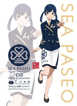 1girl apron black_shoes blue_eyes blue_hair blue_jacket c2_kikan closed_mouth commentary_request copyright_notice gold_trim jacket leg_up medium_hair necktie official_art print_apron second-party_source setonaikai_kisen shibafu_(glock23) shoes smile solo twintails white_apron yellow_necktie zoom_layer