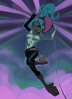 1girl belt blue_hair boots breasts colored_skin danny_phantom elbow_gloves electric_guitar ember_mclain full_body gloves green_eyes guitar highres instrument long_hair loose_belt makeup medium_breasts nipples pants pears ponytail runny_makeup single_elbow_glove solo teeth tongue tongue_out topless_female uneven_eyes