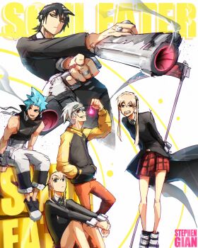 1girl 3boys absurdres black_coat black_hair black_star black_suit blonde_hair blue_hair boots coat commentary copyright_name death_the_kid formal_clothes gun hand_in_pocket highres holding holding_gun holding_scythe holding_weapon jewelry maka_albarn multiple_boys multiple_views red_eyes red_skirt ring scythe short_hair sitting skirt smile soul_eater soul_evans stephengiannart suit twintails watermark weapon yellow_eyes