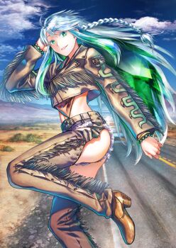 1girl ahoge arm_at_side arm_behind_head arm_up ass bead_bracelet beads belt blue_hair blue_sky boots bracelet braid brown_belt brown_boots brown_pants chaps cloud colored_eyelashes cowgirl_(western) cropped_jacket crotchless crotchless_pants denim denim_shorts desert fate/grand_order fate_(series) floating_hair foot_out_of_frame fringe_trim from_side game_cg green_eyes green_hair high_heel_boots high_heels hiroe_rei jewelry kukulkan_(fate) kukulkan_(first_ascension)_(fate) lapels leg_up lips long_hair long_sidelocks long_sleeves midriff multiple_bracelets navel notched_lapels official_art pants parted_lips road short_shorts shorts side_braid sidelocks sky smile solo standing standing_on_one_leg teeth third-party_source variant_set very_long_hair
