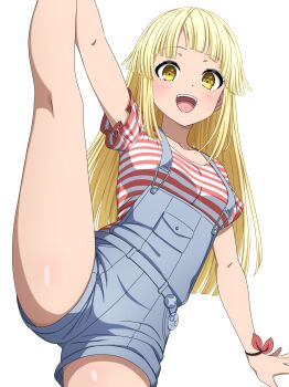 1girl bang_dream! blonde_hair blush bracelet breasts commentary_request feet_out_of_frame happy highres jewelry long_hair long_sleeves looking_at_viewer medium_breasts noshimurin official_alternate_costume overall_shorts overalls shirt simple_background solo standing standing_on_one_leg striped_clothes striped_shirt teeth tsurumaki_kokoro white_background yellow_eyes