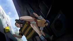 00s animated anime_screenshot blue_hair breasts eyepatch highres ikkitousen ikkitousen_dragon_destiny kicking large_breasts panties ryomou_shimei skirt tagme underwear video