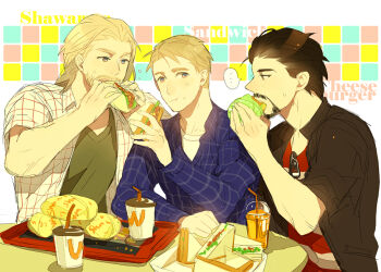 Rule 34 | ..., 3boys, animification, avengers (series), beard, black hair, black jacket, blonde hair, blue eyes, blue shirt, blush, brown eyes, burger, buttons, closed mouth, collarbone, commentary, cup, disposable coffee cup, disposable cup, doner kebab, doner sandwich, drink, drinking straw, english commentary, english text, facial hair, fingernails, food, food on face, french fries, green shirt, hand up, hands up, holding, holding burger, holding food, holding sandwich, jacket, long hair, long sleeves, looking at another, male focus, marvel, marvel, mcdonald's, multiple boys, omix, open clothes, open jacket, open mouth, open shirt, plaid clothes, plaid shirt, red shirt, sandwich, shirt, short hair, simple background, sitting, speech bubble, steve rogers, sunglasses, sweatdrop, t-shirt, table, teeth, thor (marvel), tony stark, tray, unworn eyewear, white background, white shirt