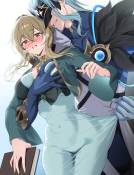 1boy 1girl absurdres akademiya_uniform alternate_costume black_mask blue_dress blue_gloves blue_hair blush book breasts breath brown_eyes brown_hair clothes_grab covered_navel crossed_bangs dottore_(genshin_impact) dress eye_mask genshin_impact gloves grabbing_another's_breast gradient_background groping hair_between_eyes hetero highres holding holding_book ia_(ias1010) jacket jewelry large_breasts long_sleeves lumine_(genshin_impact) mask neck_ring open_clothes open_jacket short_hair_with_long_locks simple_background sweat taut_clothes