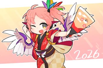 Rule 34 | 1girl, 2026, :d, ahoge, alternate costume, animal ears, arm behind head, bird ears, bird wings, blush, checkered clothes, checkered kimono, commentary request, fang, feather hair ornament, feathered wings, feathers, feet out of frame, fingernails, floral print, floral print kimono, grey eyes, hagoita, hair ornament, highres, holding, holding paddle, ini (inunabe00), japanese clothes, kimono, long fingernails, mystia lorelei, new year, obi, obiage, obijime, one eye closed, open mouth, orange background, outstretched arm, paddle, pink hair, print kimono, red kimono, red nails, sash, short hair, short sleeves, side ponytail, smile, solo, touhou, unmoving pattern, wings