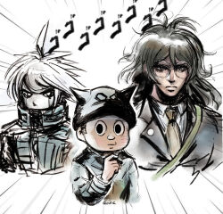 Rule 34 | 3boys, ahoge, android, artist name, beanie, between fingers, black eyes, black hat, brown jacket, brown necktie, cigarette, closed mouth, collared jacket, collared shirt, covered mouth, cropped torso, danganronpa (series), danganronpa v3: killing harmony, emphasis lines, fake horns, glaring, glasses, gokuhara gonta, green hair, grey hair, hat, holding, holding cigarette, horned headwear, horns, hoshi ryoma, jacket, k1-b0, lapel pin, lapels, layered sleeves, leather, leather jacket, light frown, long hair, long sleeves, male focus, multiple boys, necktie, notched lapels, pocket, qosic, round eyewear, shaded face, shirt, simple background, very long hair, white-framed eyewear, white background, white shirt