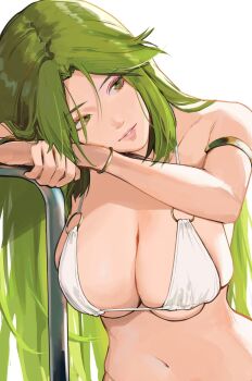 1girl armlet bare_shoulders bikini bracelet breasts cleavage green_eyes green_hair highres j@ck jewelry kid_icarus kid_icarus_uprising large_breasts long_hair looking_at_viewer navel nintendo open_mouth palutena parted_lips simple_background smile solo stomach swimsuit teeth upper_body very_long_hair white_background white_bikini