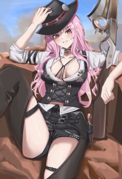 1girl alternate_costume black_choker blush bodice breasts chaps choker cleavage cowboy cowboy_hat cowboy_western cowgirl_(western) desert gun handgun hat highres hololive hololive_english jewelry large_breasts long_hair looking_at_viewer low-cut mori_calliope mori_calliope_(sheriff) official_alternate_costume pink_hair red_eyes revolver rifle scythe sheriff sheriff_badge shirt shorts sitting skull_choker skull_ornament smile solo spread_legs virtual_youtuber weapon western white_shirt yobi_(ybpac18)
