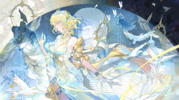 1girl absurdres aglaea_(honkai:_star_rail) ancient_greek_clothes armlet bare_shoulders bird blonde_hair bracelet breast_tattoo breasts chinese_commentary cleavage closed_mouth commentary_request cowboy_shot detached_sleeves dress flower from_side garmentmaker_(honkai:_star_rail) greco-roman_clothes green_eyes hair_between_eyes hair_flower hair_ornament hand_up highres honkai:_star_rail honkai_(series) jewelry laurel_crown looking_ahead mannequin nail_polish neck_ring o-ring o-ring_thigh_strap profile ring short_hair sixii sleeveless sleeveless_dress smile solo tattoo thigh_strap thread vase walking white_bird white_dress white_flower yellow_nails yellow_sleeves