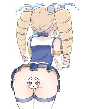 1girl aqua_(konosuba) aqua_(konosuba)_(cosplay) ass ass_focus beatrice_(re:zero) blonde_hair blush borrowed_design butt_crack censored character_censor cosplay detached_sleeves drill_hair female_focus highres long_hair miniskirt multicolored_hair novelty_censor re:zero_kara_hajimeru_isekai_seikatsu simple_background skirt solo streaked_hair symbol-shaped_pupils thighhighs twin_drills upskirt white_background white_thighhighs x-shaped_pupils zlix0n