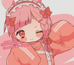 Rule 34 | 1girl, blush, bow, braid, chest harness, closed mouth, commentary request, commission, cropped, double vertical stripe, hair bow, hair ornament, hairpin, harness, high collar, highres, jersey maid, long hair, long sleeves, looking at viewer, maid, maid headdress, mochi (na si), one eye closed, original, pink eyes, pink hair, pink sweater, red bow, side braid, skeb commission, sleeves past fingers, sleeves past wrists, smile, solo, sweater, unconventional maid, upper body