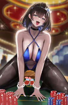 1girl 96mako absurdres arm_support bare_shoulders black_choker blue_one-piece_swimsuit bracelet breasts brown_dust_(series) brown_dust_2 brown_hair brown_hiphighs card casino_card_table center_opening choker cleavage collarbone commentary criss-cross_halter full_body hair_between_eyes hair_ornament halterneck highres hiphighs indoors jewelry kneeling korean_commentary large_breasts looking_at_viewer medium_hair navel one-piece_swimsuit open_mouth playing_card poker_chip scheherazade_(brown_dust) scheherazade_(deliberate_ace)_(brown_dust) shadow sidelocks smile solo stomach swimsuit table teeth tongue tongue_out upper_teeth_only white_nails yellow_eyes
