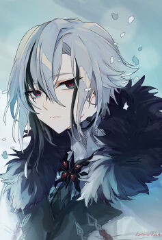 1girl arlecchino_(genshin_impact) artist_name black_eyes black_hair black_vest brooch closed_mouth coat commentary daimondai4 fur-trimmed_coat fur_trim genshin_impact grey_hair hair_between_eyes highres jewelry light_smile looking_at_viewer medium_hair multicolored_hair shirt signature solo streaked_hair symbol-shaped_pupils variant_set vest white_shirt x-shaped_pupils