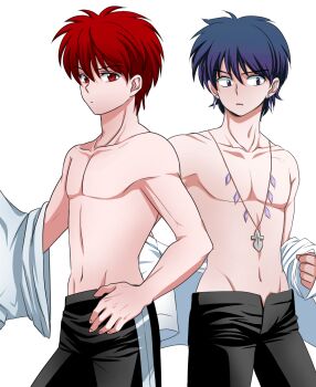 Rule 34 | 2boys, jewelry, juumonji tsubasa, kyoukai no rinne, looking at viewer, male focus, multiple boys, muscular, rokudou rinne, topless male, tagme, undressing, yaoi