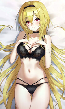 1girl 24riside absurdres bed_sheet black_bra black_choker black_hairband black_panties blonde_hair blush bra breasts choker closed_mouth collarbone commentary_request commission cowboy_shot gluteal_fold hairband highres idolmaster idolmaster_cinderella_girls kurosaki_chitose lingerie long_hair looking_at_viewer lying navel on_back on_bed panties pixiv_commission red_eyes smile solo underwear underwear_only very_long_hair