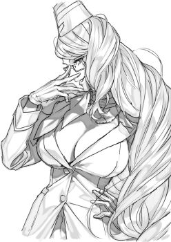 Rule 34 | 1girl, adjusting eyewear, arm up, breasts, cleavage, cropped torso, fang, fate/grand order, fate (series), garrison cap, gloves, hand on own hip, hat, komiya kuniharu, koyanskaya (fate), koyanskaya (foreigner) (first ascension) (fate), lapels, large breasts, long hair, long sleeves, looking at viewer, monochrome, notched lapels, parted lips, profile, scarf, sideways glance, solo, very long hair