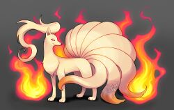Rule 34 | animal focus, blonde hair, creatures (company), fire, fox, game freak, grey background, kitsune, long hair, multiple tails, nintendo, no humans, pokemon, pokemon (creature), red eyes, signature, simple background, smile, solo, tail, xyliax