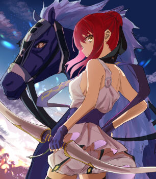 1girl ancient_greek_clothes animal black_ribbon blue_gloves bow_(weapon) breasts commentary_request fate/strange_fake fate_(series) fingerless_gloves from_behind gloves greco-roman_clothes hair_ribbon hand_on_own_hip highres hippolyta_(fate) holding holding_bow_(weapon) holding_weapon horse kalion_(fate) looking_at_viewer makitekka profile red_hair ribbon ringed_eyes short_hair small_breasts weapon yellow_eyes
