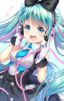 1girl absurdres aqua_eyes aqua_hair black_bow black_skirt blue_necktie bow breasts cable collared_shirt commentary_request dress framed_breasts frilled_skirt frills gloves hair_bow hatsune_miku headphones high-waist_skirt highres long_hair looking_at_viewer magical_mirai_(vocaloid) magical_mirai_miku magical_mirai_miku_(2016) medium_breasts necktie official_alternate_costume official_alternate_hairstyle open_mouth shirt short_necktie skirt sleeveless sleeveless_shirt smile solo torokeru_none twintails very_long_hair vocaloid white_gloves white_shirt