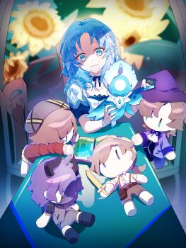 Rule 34 | 1girl, alain guillotin, blue dress, blue eyes, blue hair, book, brown hair, character doll, commentary request, crying, doll, dress, flower, genshin impact, hat, highres, horns, jakob ingold, long hair, mary-ann (genshin impact), oceanid (genshin impact), purple hair, purple hat, qianxiao360114, rene de petrichor, solo, streaming tears, sword, tears, weapon, wizard hat, wooden sword