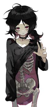 1girl absurdres ashley_graves black_choker black_hair bone choker closed_mouth collarbone commentary english_commentary highres k_hottok long_sleeves messy_hair red_eyes shirt simple_background solo the_coffin_of_andy_and_leyley white_background