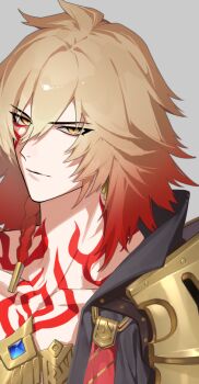 1boy armor black_coat blonde_hair braid chest_tattoo chikuwa_(dr0603) coat commentary_request earrings facial_tattoo gold_earrings gold_necklace gradient_hair grey_background honkai:_star_rail honkai_(series) jewelry male_focus medium_hair multicolored_hair mydei_(honkai:_star_rail) necklace open_clothes open_coat pauldrons red_hair red_tattoo shoulder_armor side_braid single_pauldron solo tattoo yellow_eyes