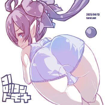 1girl ahoge ass ass_focus backbeako_(torotei) backbeard bent_over black_hair black_ribbon blush cameltoe closed_mouth commentary dated dated_commentary dutch_angle from_behind gegege_no_kitarou hair_over_one_eye hair_ribbon kono_lolicon_domome light_frown loli long_hair looking_at_viewer looking_back one-piece_swimsuit original paid_reward_available pointy_ears red_eyes ribbon school_swimsuit simple_background solo sweat swimsuit torotei twintails watermark web_address white_background white_one-piece_swimsuit