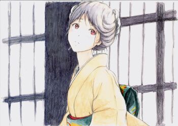 1girl absurdres alternate_costume bbmasa black_hair commentary_request hibike!_euphonium highres japanese_clothes kimono liz_to_aoi_tori looking_at_viewer obi red_eyes sash short_hair solo traditional_media upper_body yellow_kimono yoroizuka_mizore