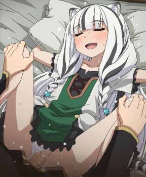 1boy 1girl animal_ears atla_fayon blush braid breasts censored closed_eyes clothed_sex clothing_aside commentary_request happy_sex loli lying missionary mosaic_censoring multicolored_hair on_back open_mouth panties panties_aside penis sex small_breasts solo_focus tate_no_yuusha_no_nariagari tomu_(tomubobu) twin_braids two-tone_hair underwear vaginal white_hair