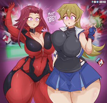 2girls artist_name bare_shoulders black_rose_dragon blonde_hair bodysuit brain_control_(yu-gi-oh!) breasts brown_eyes collarbone commentary curvy cyber_angel_benten drevod duel_academy_uniform_(yu-gi-oh!_gx) english_commentary english_text fingerless_gloves gloves hair_ornament izayoi_aki large_breasts medium_hair mind_control multiple_girls open_mouth red_bodysuit red_hair speech_bubble tenjouin_asuka thick_thighs thighs wide_hips yu-gi-oh! yu-gi-oh!_5d's yu-gi-oh!_arc-v yu-gi-oh!_card yu-gi-oh!_gx
